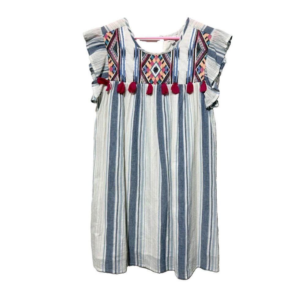 THML Womens XS Striped Embroidered Tassel Ruffle Sleeve Shift Dress Cotton Boho
